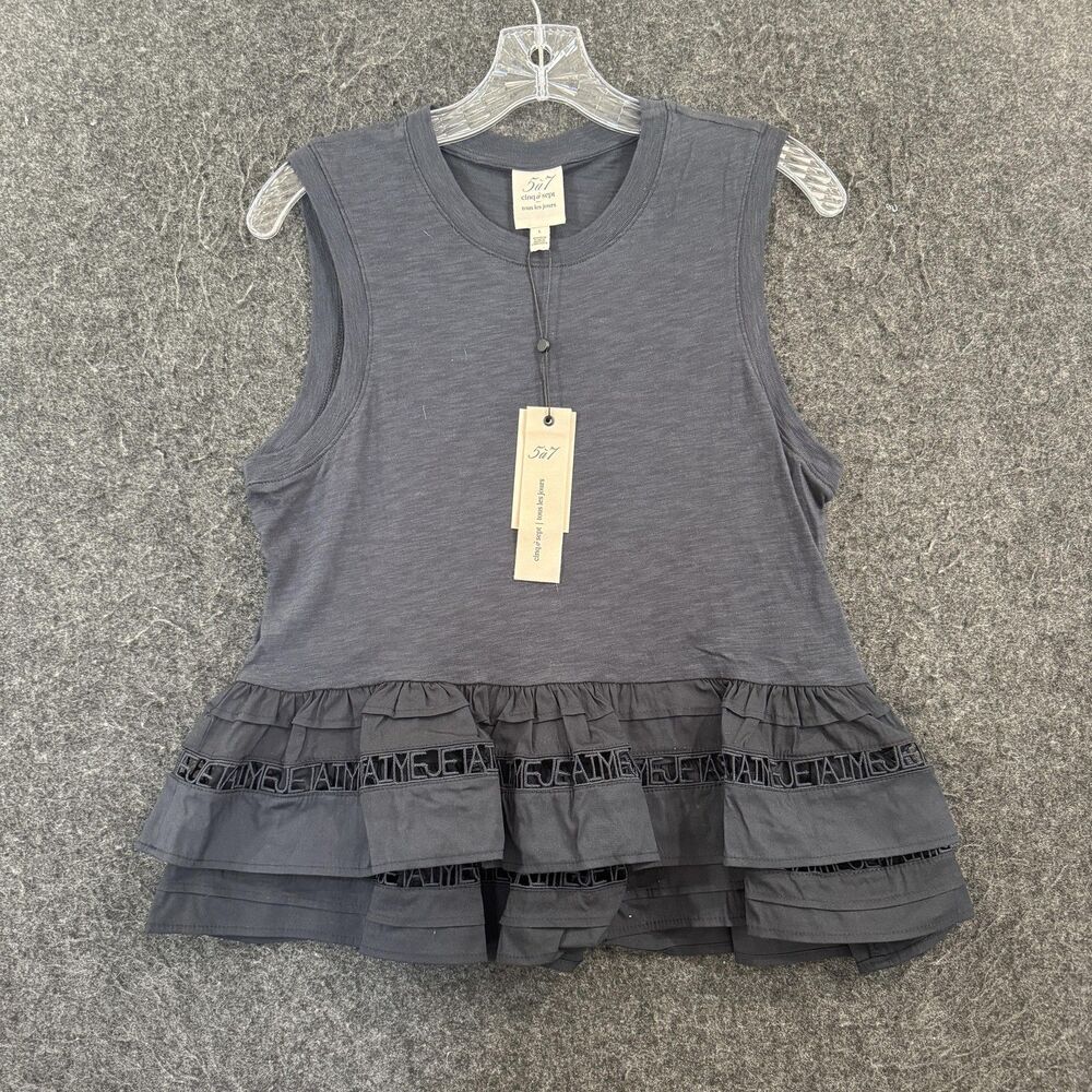 Cinq À Sept Tank Top Women's Large Navy Blue Jersey Landry Je T'Aime Ruffle Hem